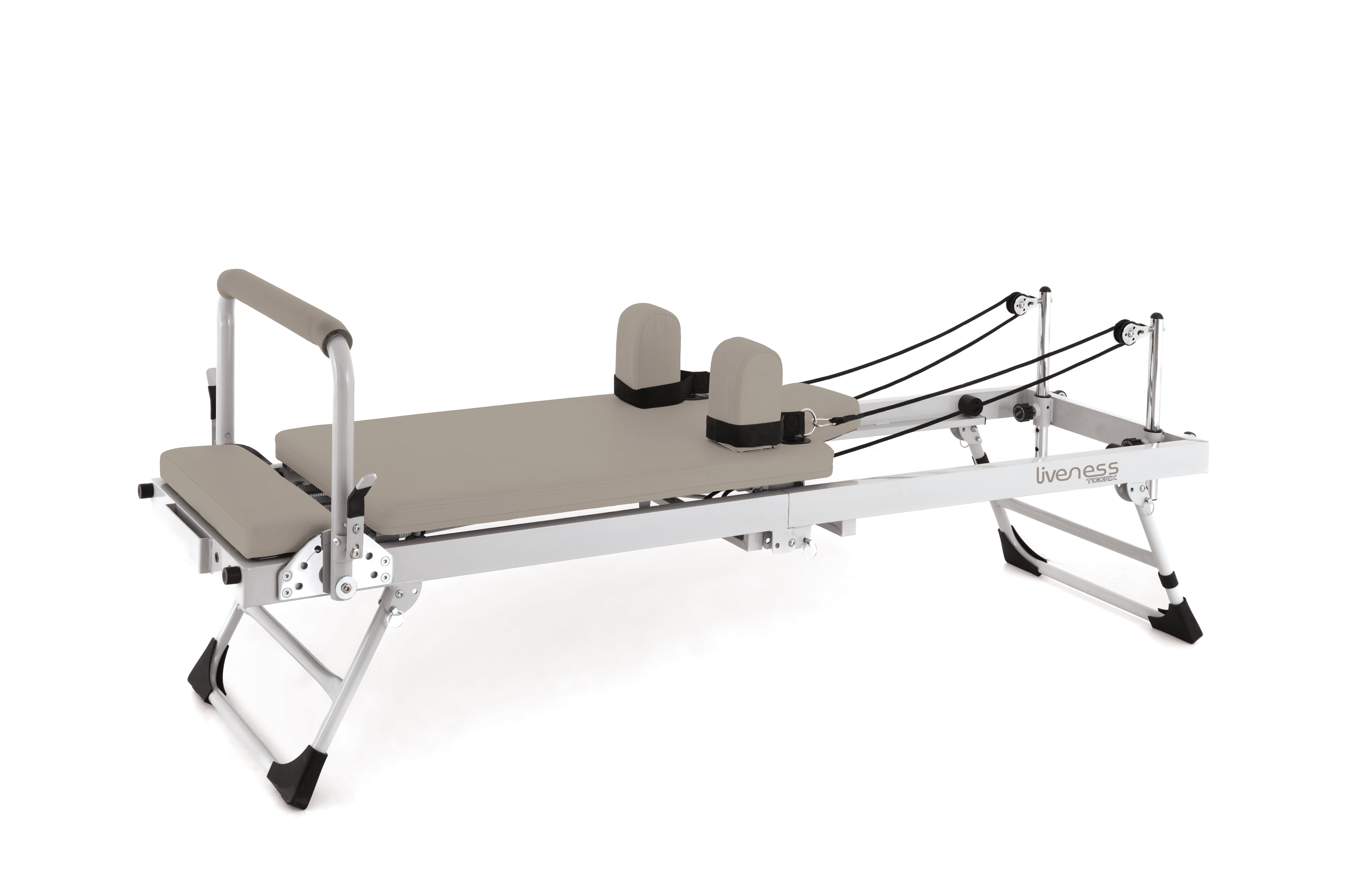 Vista general del reformer de pilates plegable Liveness PTX-200 Moon & Sand
