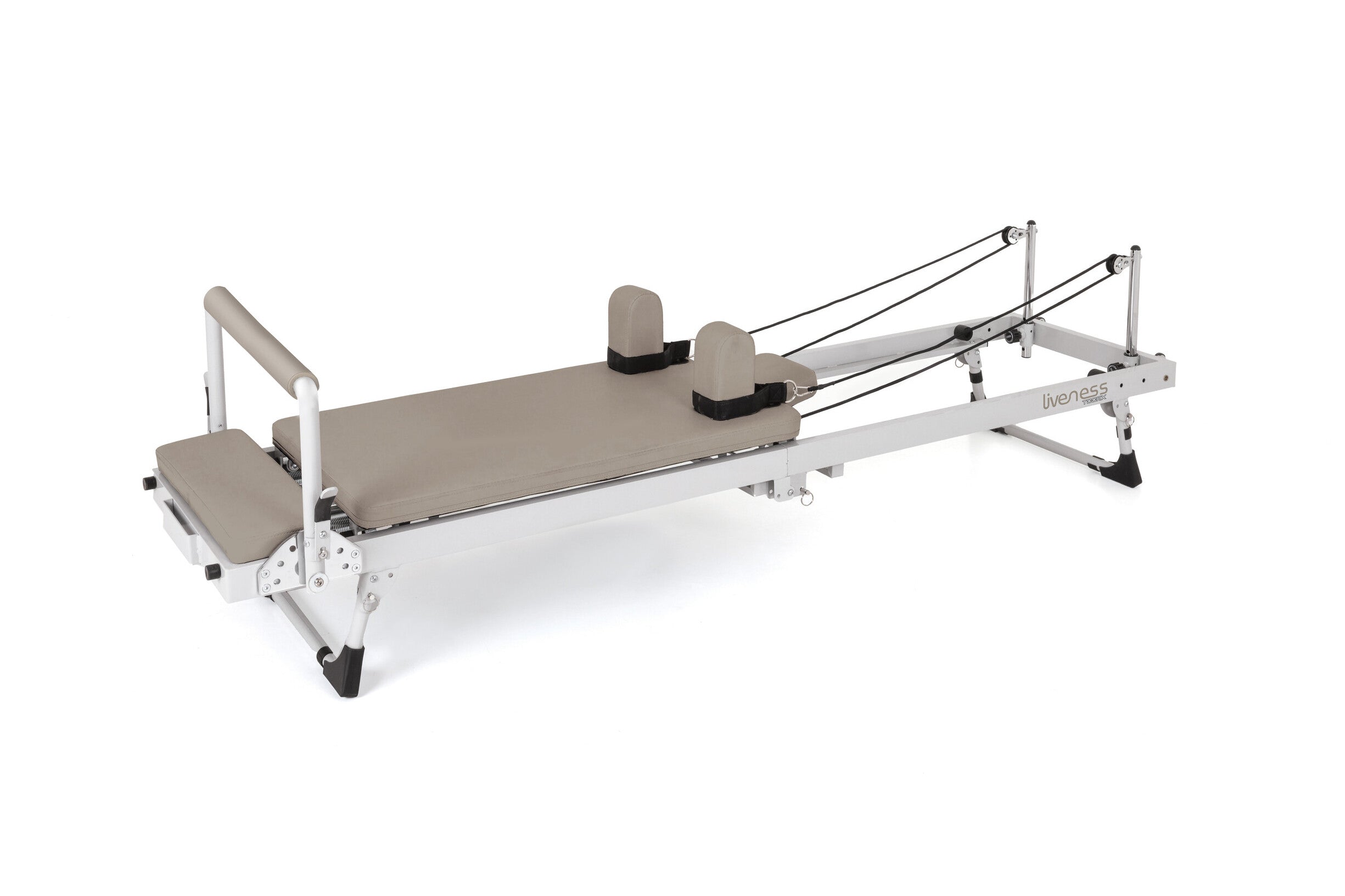 Vista general del reformer de pilates plegable Liveness PTX-300 Moon & Sand