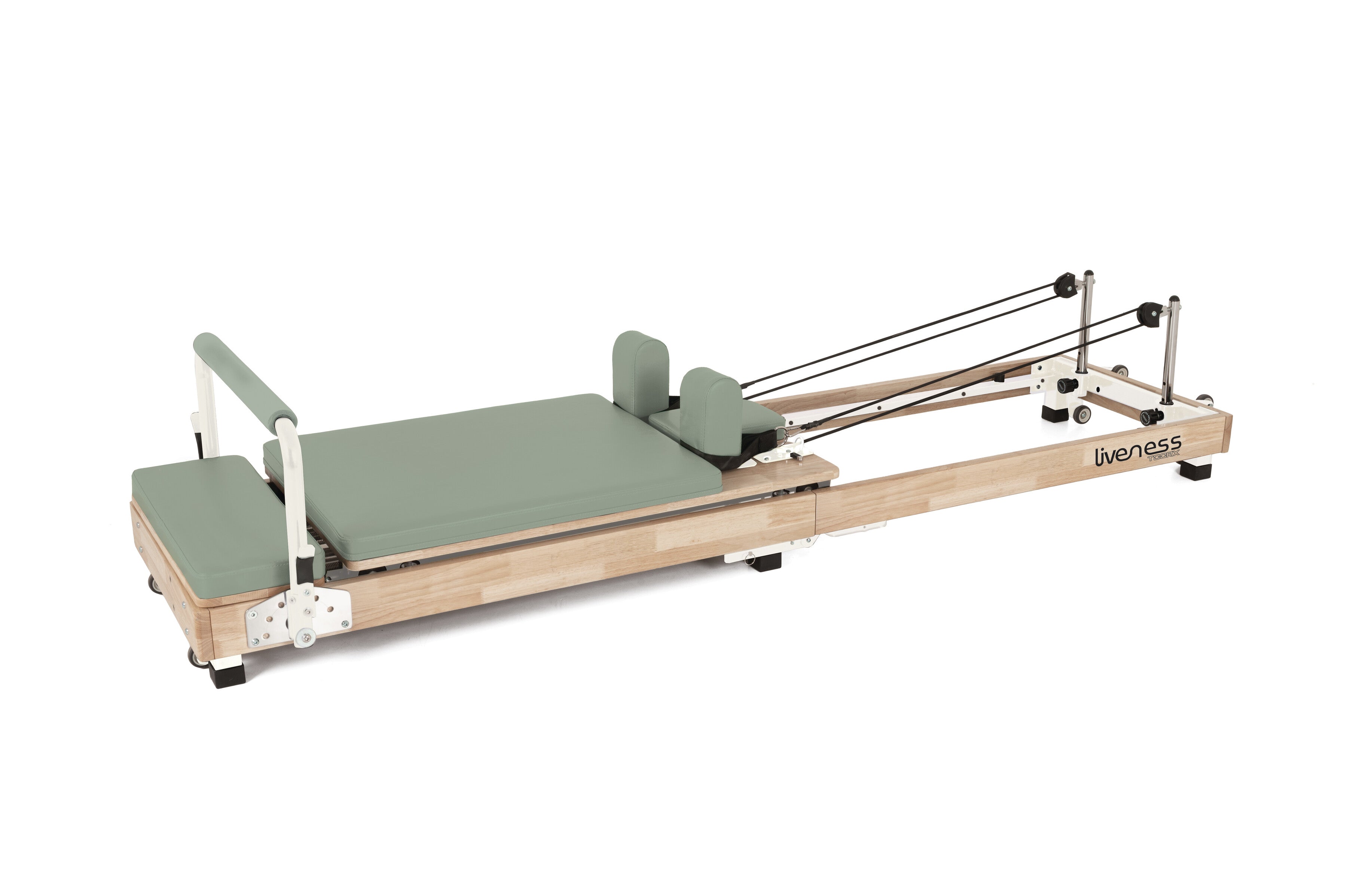Vista general del reformer de madera Liveness PTX-500 Green Tea